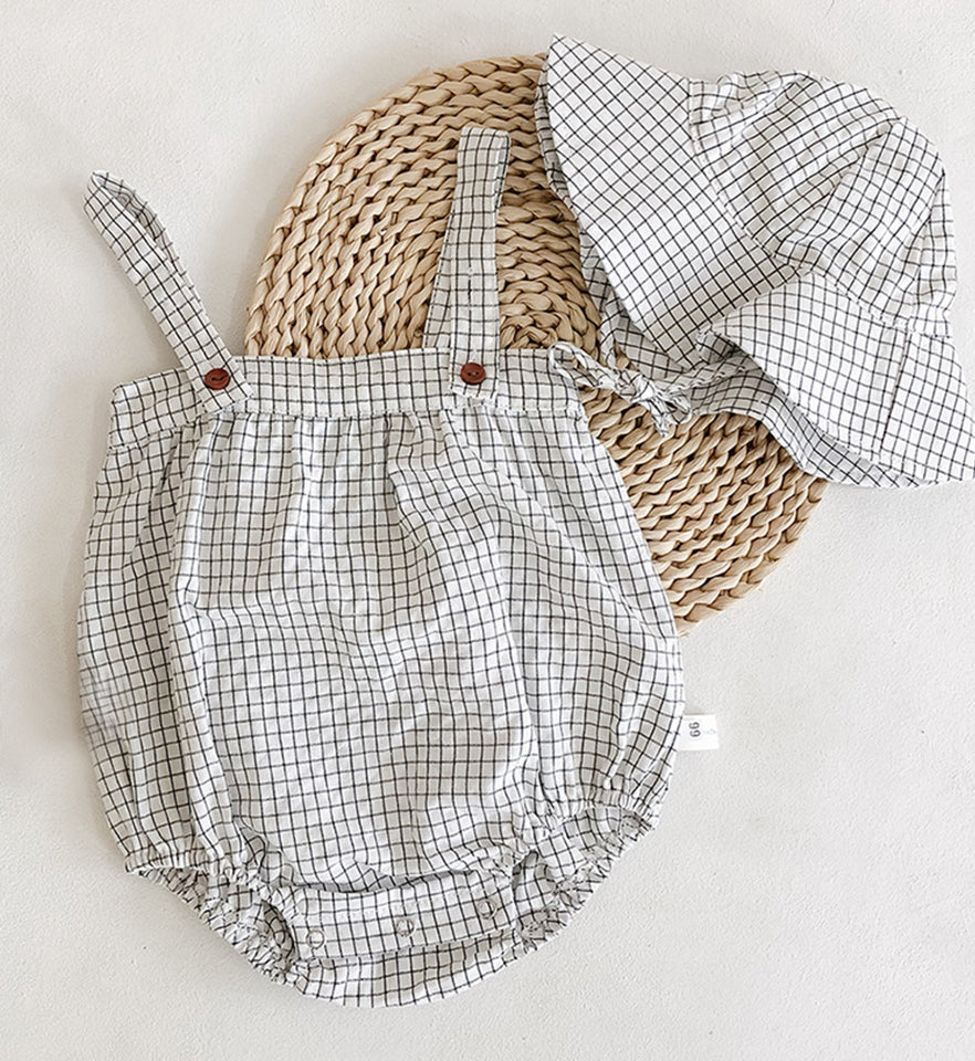 Cotton Check Romper and Sun Hat
